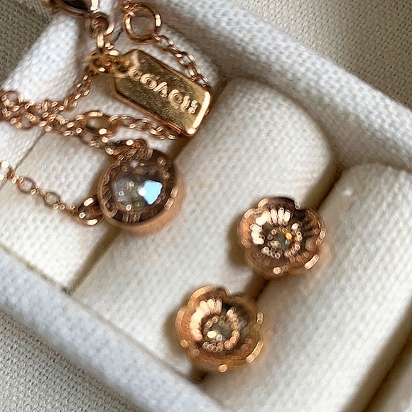 Coach Rose Gold Rosette Earrings and Necklace with Crystal Pendants - Picture 4 of 5